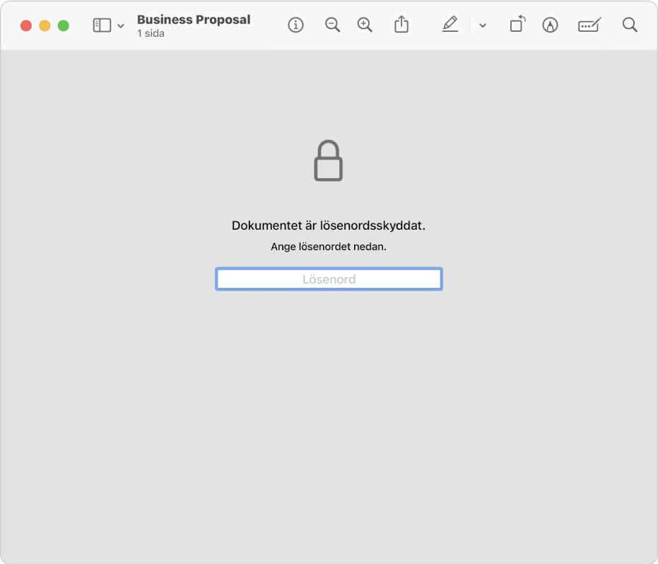 En lösenordsskyddad PDF som visar en låssymbol och ett textfält där du skriver in lösenordet för att öppna filen.