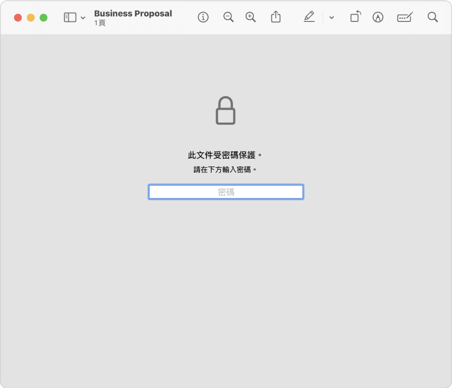 受密碼保護的 PDF 顯示鎖頭圖像，以及用於輸入密碼以打開檔案的文字欄位。