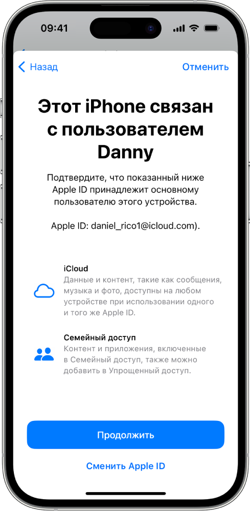 На iPhone отображается связанный с устройством Apple ID, а также информация о функциях iCloud и «Семейный доступ», которые можно использовать в режиме Упрощенного доступа.