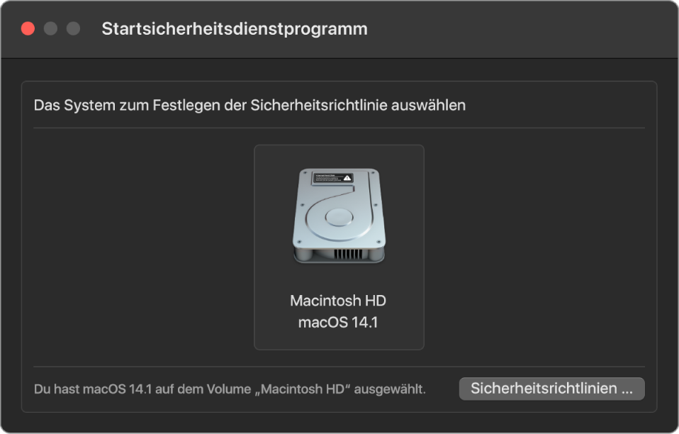 Das Auswahlfenster für ein Betriebssystem im Startsicherheitsdienstprogramm mit der Macintosh HD, auf die eine Sicherheitsrichtlinie angewendet werden soll. Rechts unten befindet sich eine Taste, um die Sicherheitsrichtlinienoptionen für das ausgewählte Volume zu öffnen.