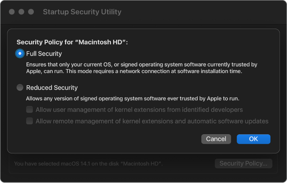 A security policy picker pane in Startup Security Utility, with Full Security selected for the volume “Macintosh HD”.