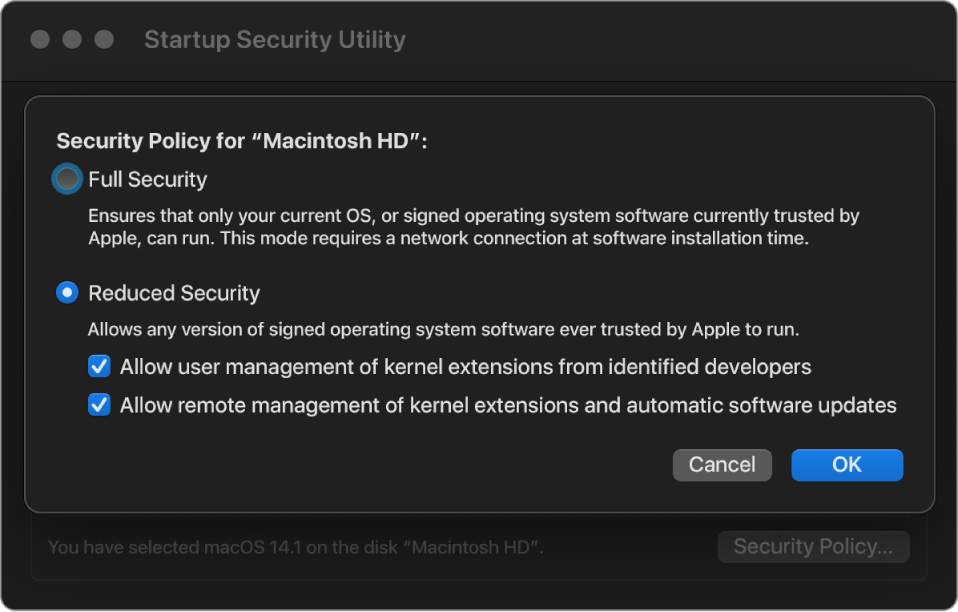 A security policy picker pane in Startup Security Utility, with Reduced Security policy selected for the volume “Macintosh HD”.