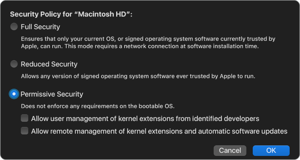 A security policy picker pane in Startup Security Utility, with Permissive Security policy selected for the volume “Macintosh HD”.