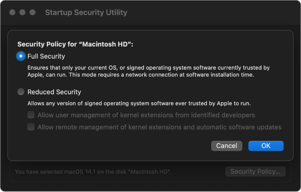 A security policy picker pane in Startup Security Utility, with Full Security selected for the volume “Macintosh HD.”