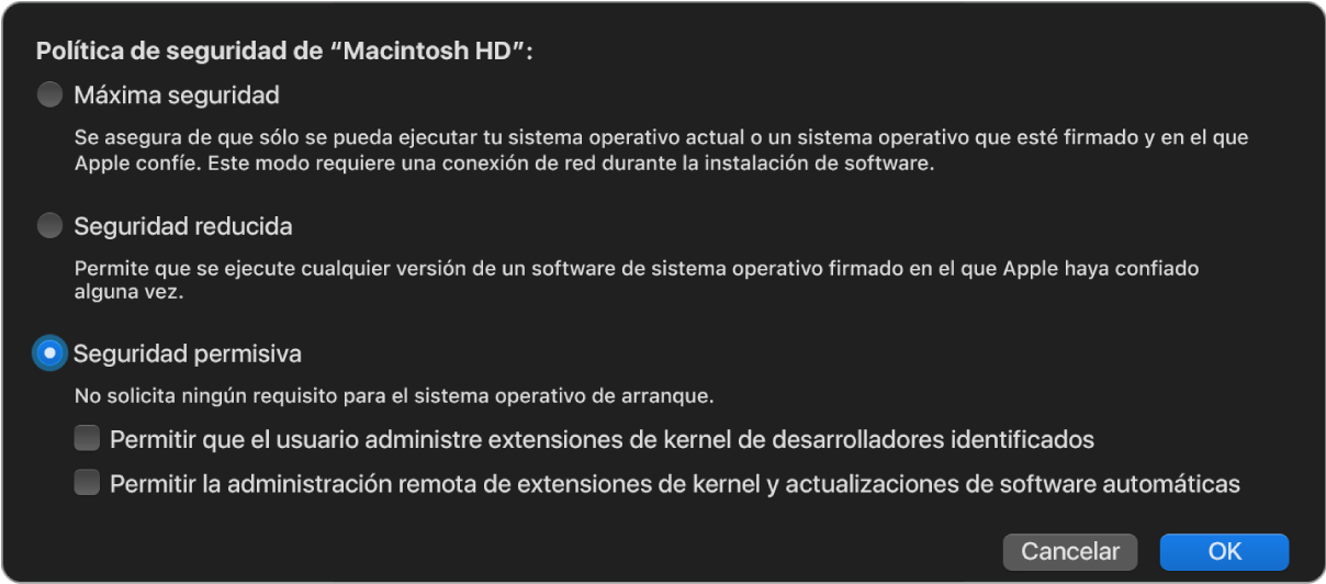 Un panel de selección de políticas de seguridad en la Utilidad de Seguridad de Inicio, con la política de Seguridad Permisiva seleccionada para el volumen Macintosh HD.