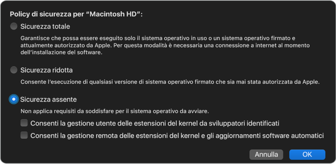 Pannello del selettore della politica di sicurezza in Utility Sicurezza Avvio, con l’opzione “Sicurezza assente” selezionata per il volume “Macintosh HD”.