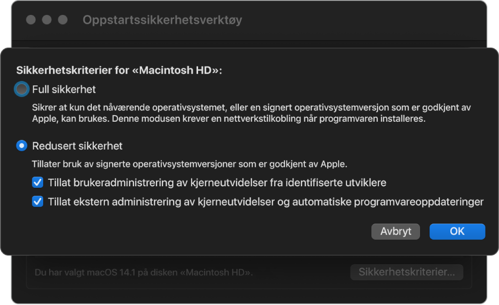 Et panel for å velge sikkerhetsregelsett i Oppstartssikkerhetsverktøy, med Redusert sikkerhet-regelsett valgt for volumet Macintosh HD.