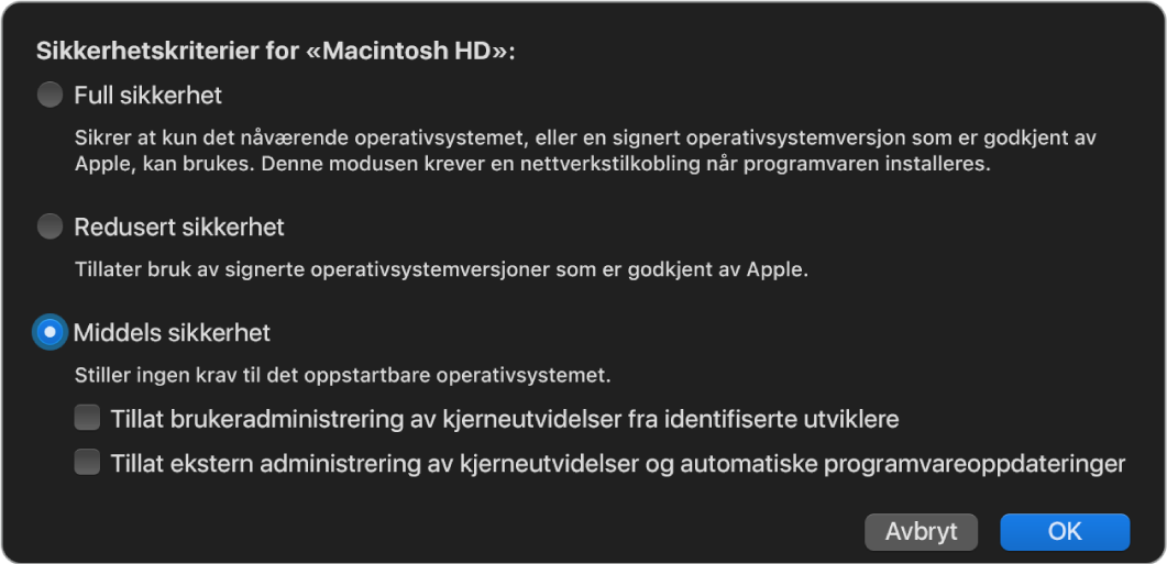 Et panel for å velge sikkerhetsregelsett i Oppstartssikkerhetsverktøy, med Middels sikkerhet-regelsett valgt for volumet Macintosh HD.