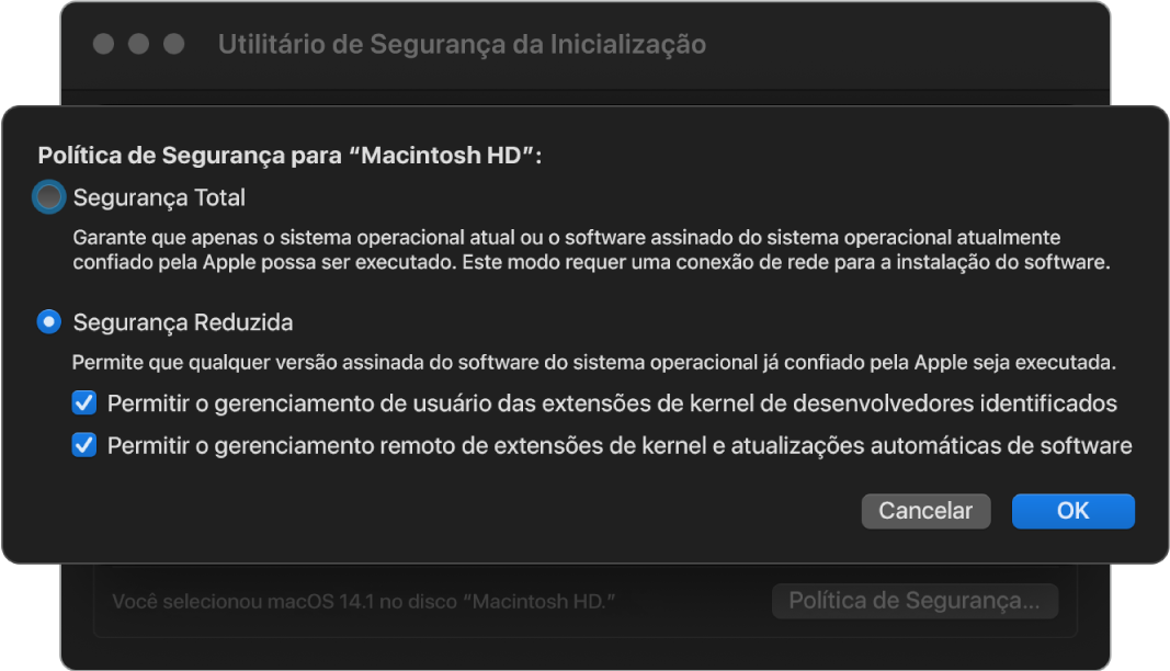 Painel do seletor de política de segurança no Utilitário de Segurança da Inicialização, com a política Segurança Reduzida selecionada para o volume “Macintosh HD”.