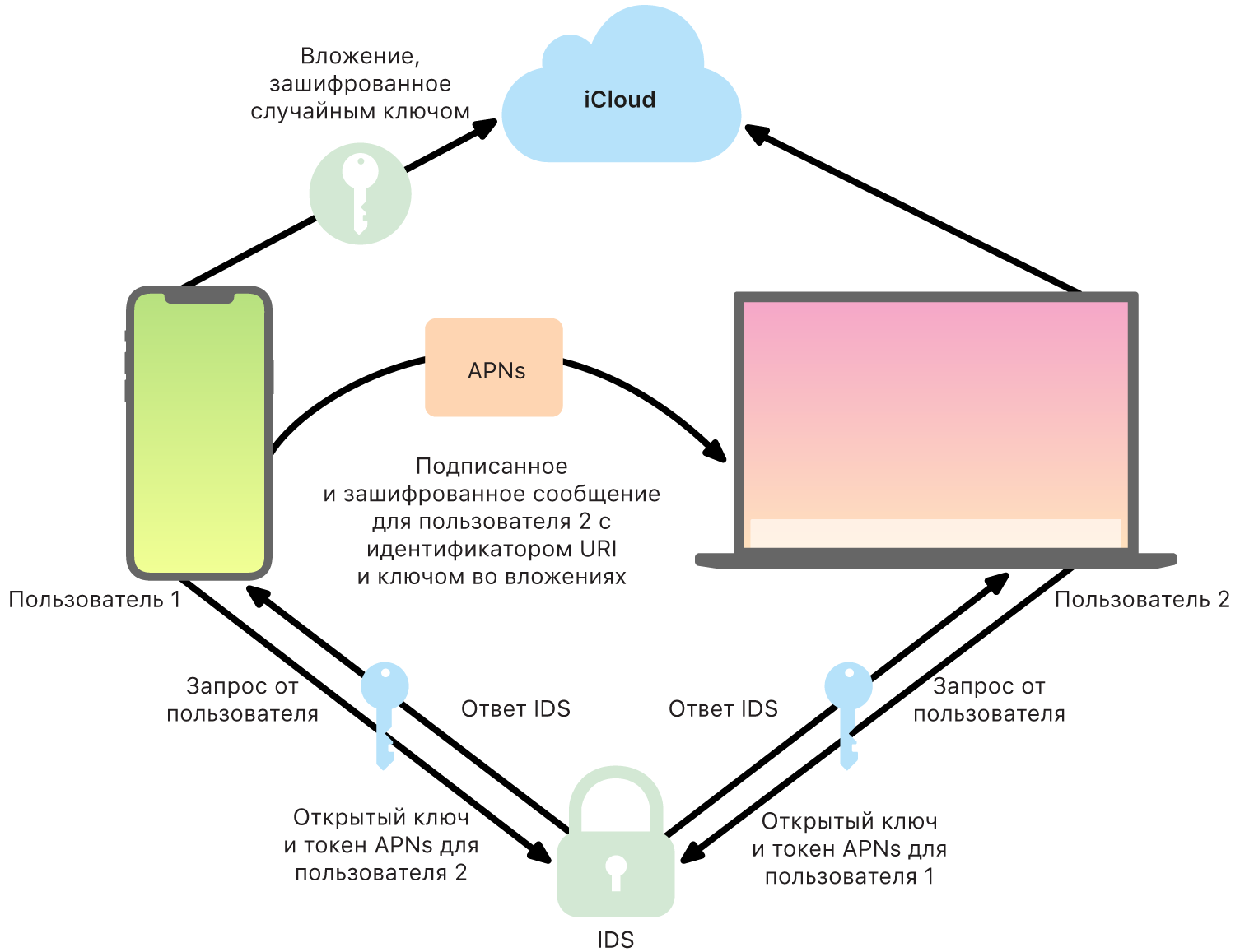 Блок-схема, на которой показано, как iMessage отправляет и получает сообщения.