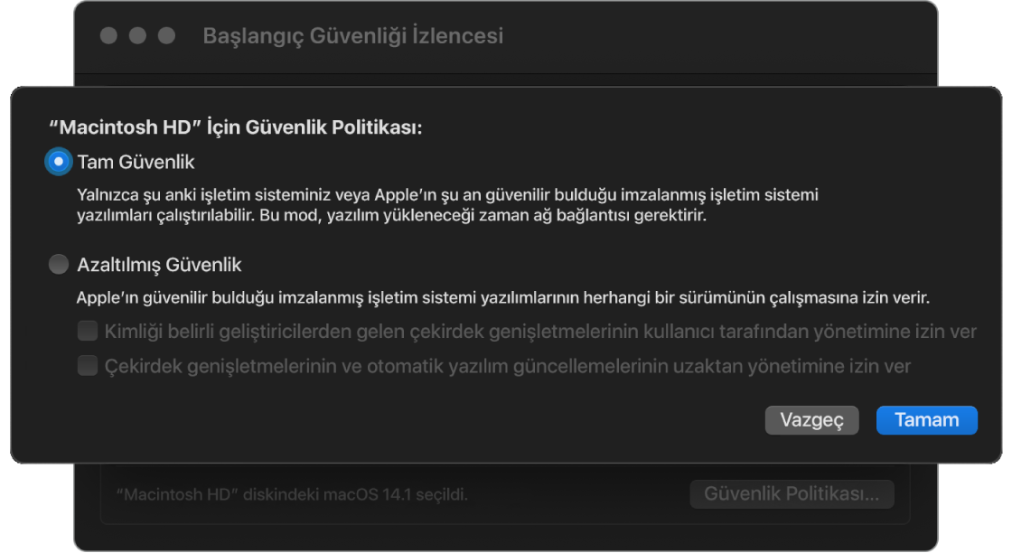 Başlangıç Güvenlik İzlencesi’nde bir güvenlik politikası seçici bölümü, “Macintosh HD” disk bölümü için Tam Güvenlik seçili.