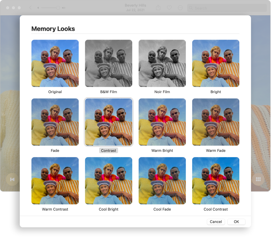 نافذة تطبيق الصور تعرض المظاهر التي يمكنك تطبيقها على العناصر الموجودة في ذكرى.