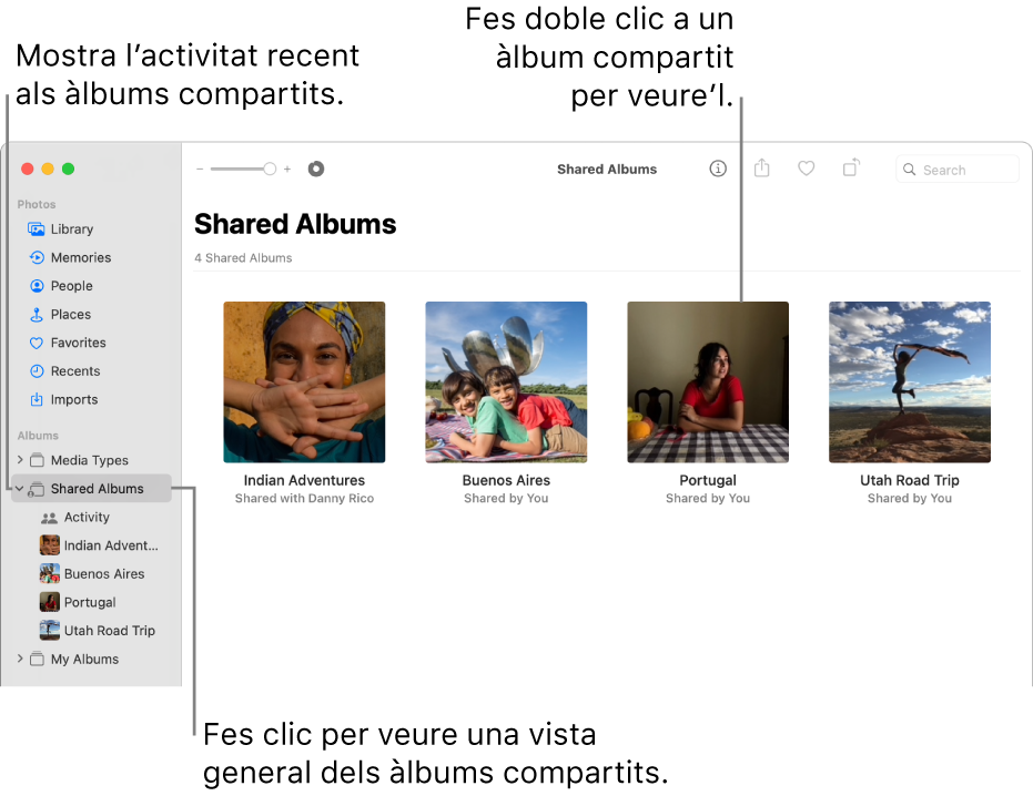 La finestra de l’app Fotos on es mostra la vista “Àlbums compartits” seleccionada a la barra lateral i els àlbums compartits a la dreta.
