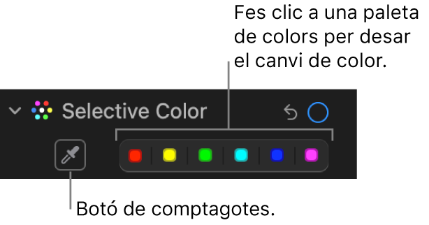 Els controls “Color selectiu” del tauler “Ajustar” amb el botó de comptagotes i mostres de color.