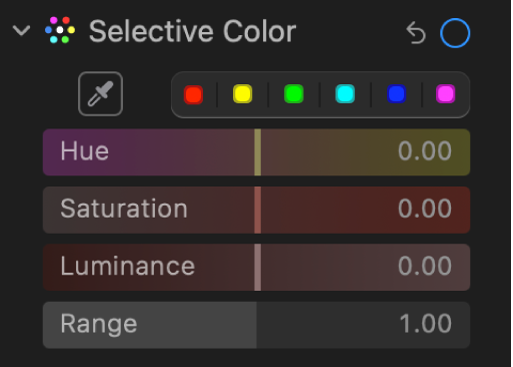 Ovládací prvky Selektivní barva na panelu Úpravy s jezdci Odstín, Sytost, Jas a Rozsah