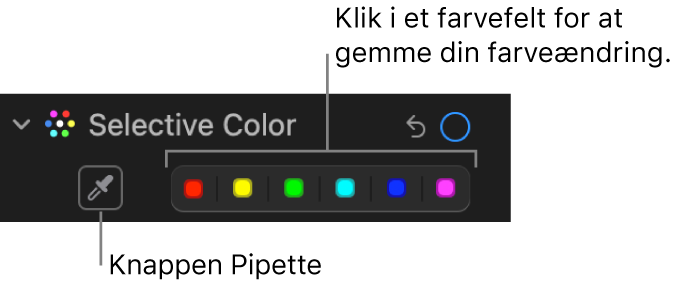 Betjeningsmulighederne til Selektiv farve i vinduet Juster, der viser pipetteknappen og farvefelter.