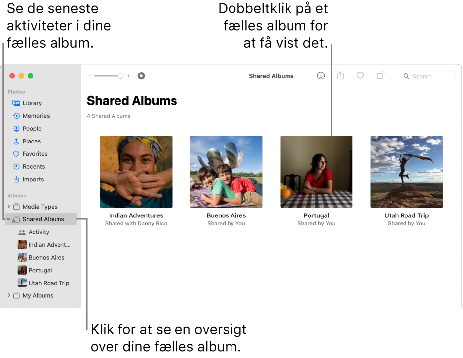 Fotos-vinduet, der viser Delte album valgt i indholdsoversigten og de delte album til højre.