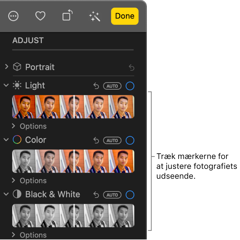 Mærkerne Lys, Farve og Sort/hvid i vinduet Juster. Knappen Auto vises over hvert mærke.