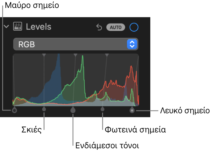 Τα στοιχεία ελέγχου Επιπέδων στο τμήμα «Προσαρμογή», όπου φαίνεται το ιστόγραμμα RGB από κάτω, συμπεριλαμβανομένων (από αριστερά προς δεξιά) των εξής: μαύρο σημείο, σκοτεινά σημεία, ενδιάμεσοι τόνοι, φωτεινά σημεία, και λευκό σημείο.