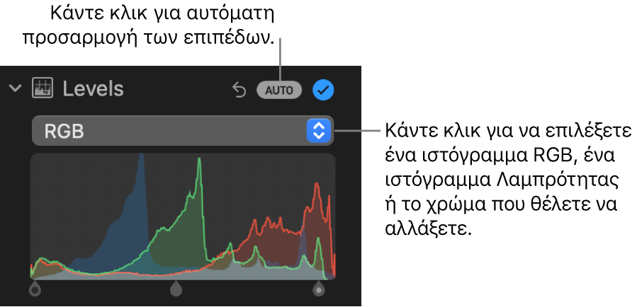Τα στοιχεία ελέγχου «Επίπεδα» στο τμήμα «Προσαρμογή», με το κουμπί «Αυτόματα» πάνω δεξιά και το ιστόγραμμα RGB από κάτω.