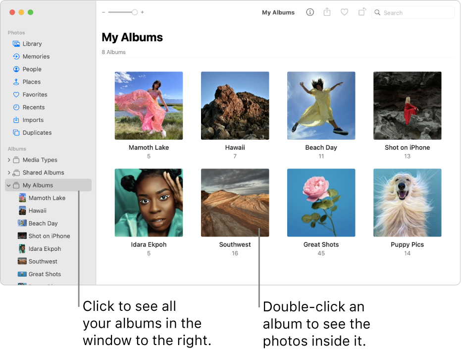The Photos window with My Albums selected in the sidebar, and albums shown on the right.