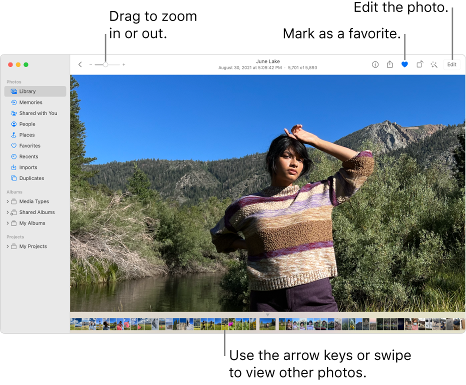 The Photos window showing an enlarged photo on the right with a row of thumbnails below. The toolbar at the top includes the Zoom slider, Favorite button, and Edit button.