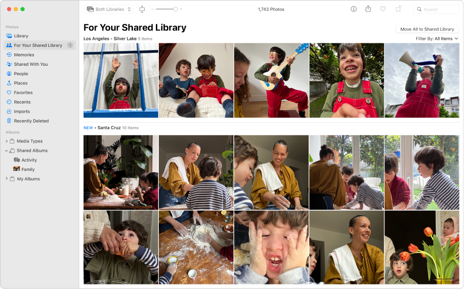 The Photos window showing For Your Shared Library selected in the sidebar and suggested photos to add to the Shared Library on the right.