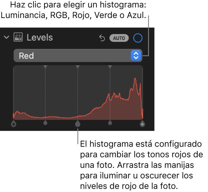 Los controles de Niveles en el panel Ajustar mostrando el histograma Rojo con manijas en la parte inferior para ajustar los niveles rojos de la foto.