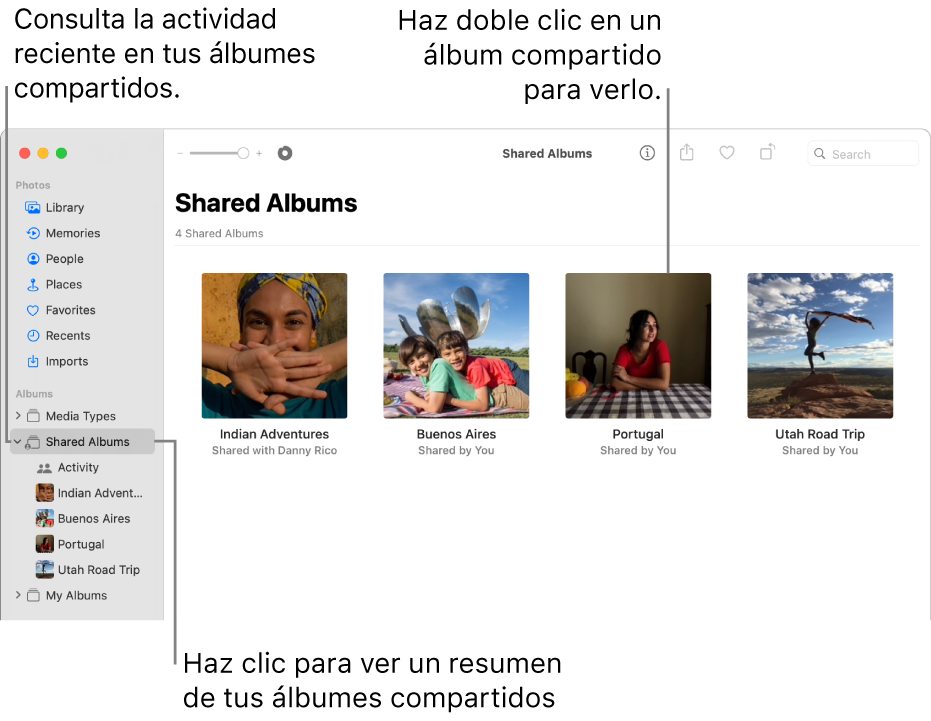 La ventana de Fotos mostrando la opción Álbumes compartidos seleccionada en la barra lateral y los álbumes compartidos se muestran a la derecha.