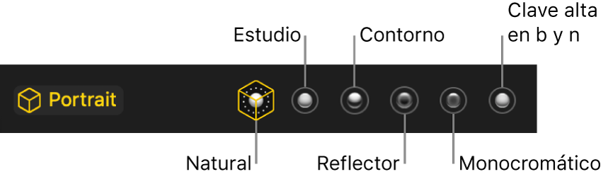 Opciones de los efectos de iluminación del modo Retrato, entre los que se incluye (de izquierda a derecha) Natural, Estudio, Contorno, Escenario, Escenario Mono y Mono de clave alta.