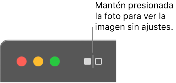 El botón “Solo fotos sin retoques”, junto a los controles de ventana en la esquina superior izquierda de la ventana.