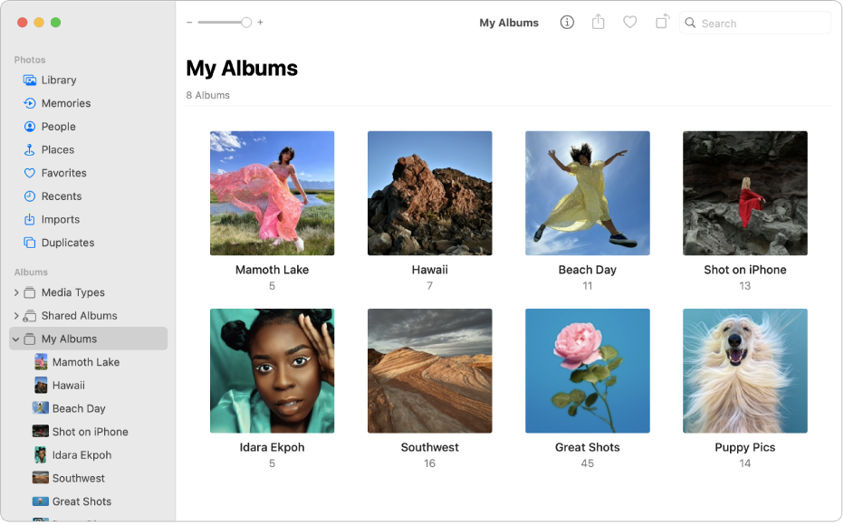 La app Fotos con “Mis álbumes” seleccionado en la barra lateral.