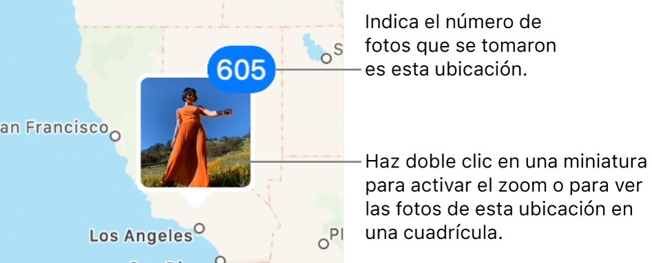Una miniatura de una foto en un mapa con un número en la esquina superior derecha que indica el número de fotos que se han tomado en esa ubicación.