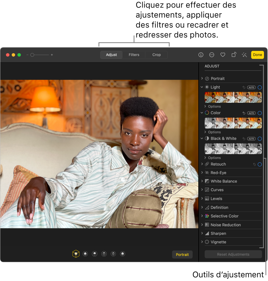 Une photo en mode édition, avec l’outil Ajuster sélectionné dans la barre d’outils et les outils d’ajustement à droite.