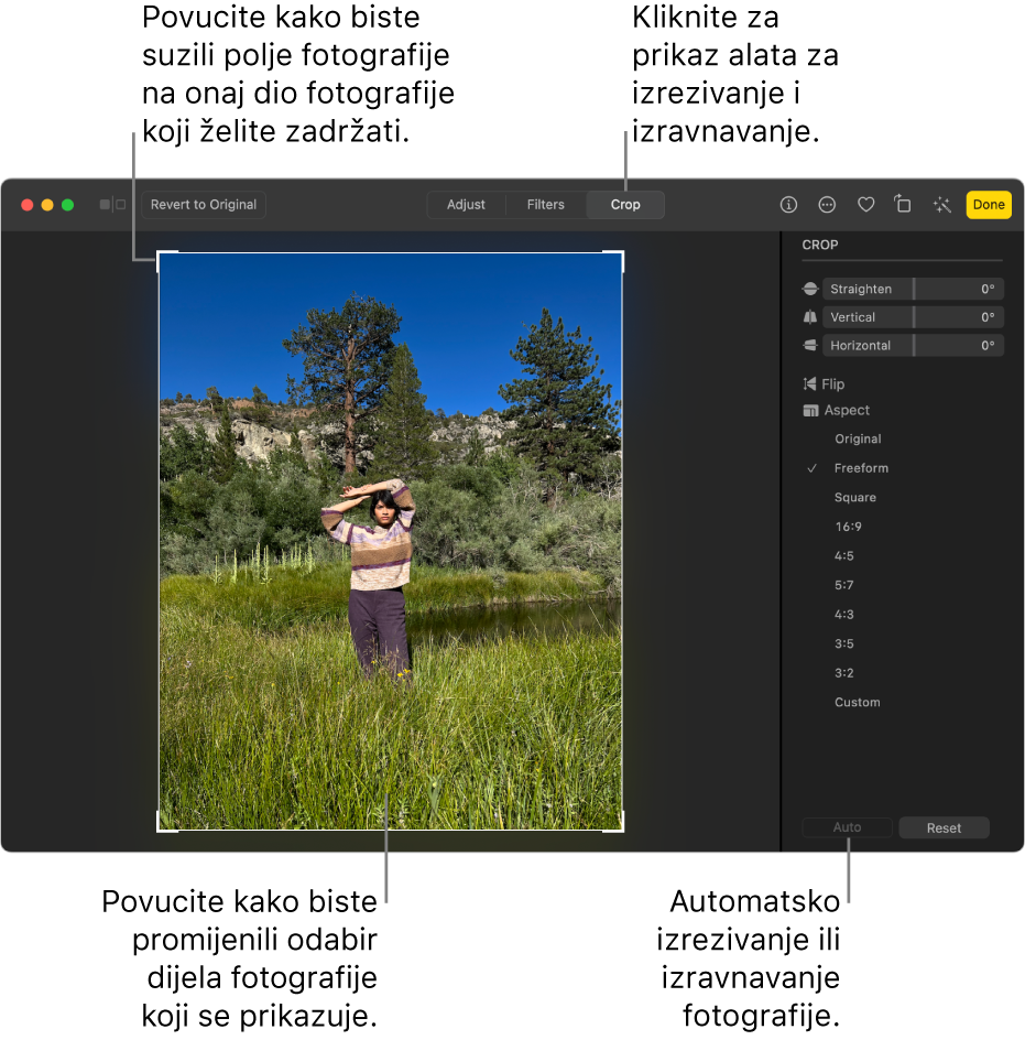 Fotografija u prikazu za uređivanje, odabrana je opcija Izreži u alatnoj traci, pravokutnik odabira nalazi se oko fotografije i kliznici za poravnanje, opcije formata slike i tipke Automatski i Resetiraj s desne strane.