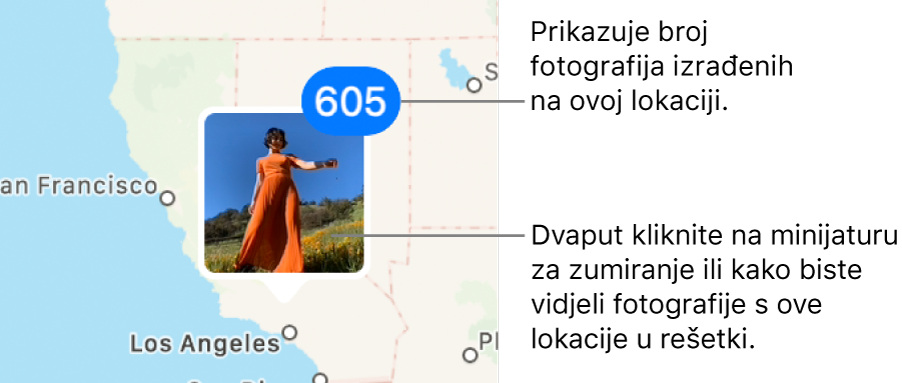 Minijatura fotografije na karti, s brojem u gornjem desnom kutu koji označava broj fotografija snimljenih na toj lokaciji.