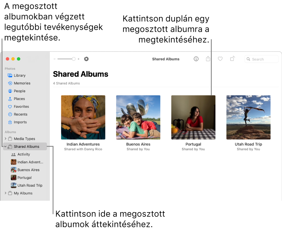 A Fotók ablaka az oldalsávon a kiválasztott Megosztott albumok elemmel, a jobb oldalon megosztott albumok látható.