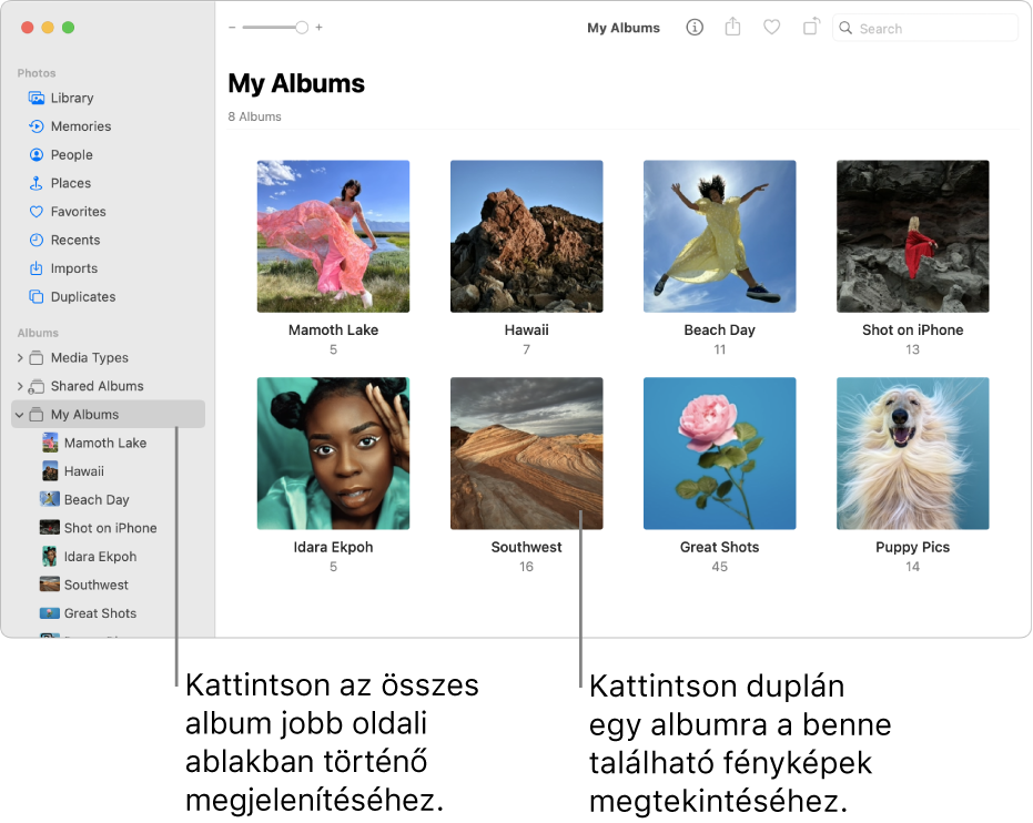 A Fotók ablaka az oldalsávon a kiválasztott Saját albumok elemmel, a jobb oldalon albumok láthatók.