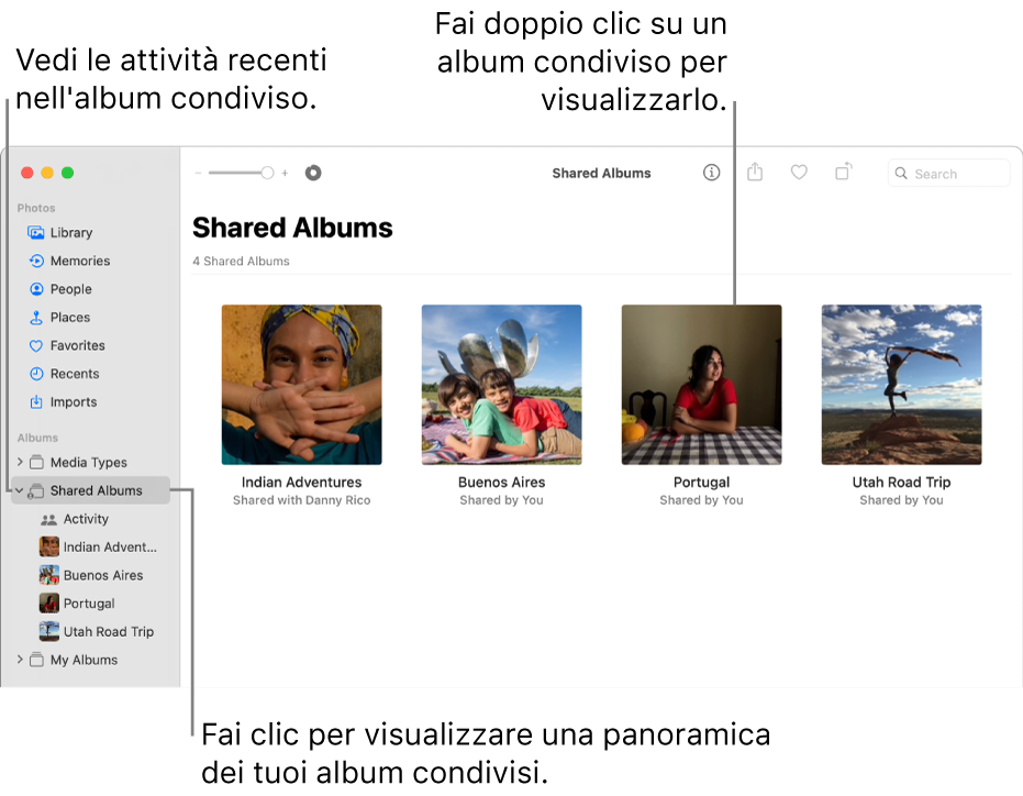 Finestra di Foto con l’opzione “Album condivisi” selezionata nella barra laterale e gli album condivisi che vengono visualizzati sulla destra.