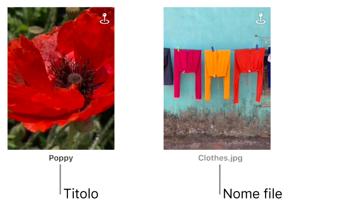 Due foto: una che mostra sotto un titolo, mentre l’altra mostra sotto il nome di un file.