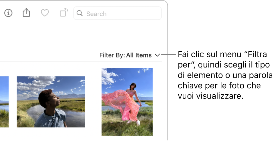 Il menu a comparsa “Filtra per” impostato per visualizzare tutti gli elementi.