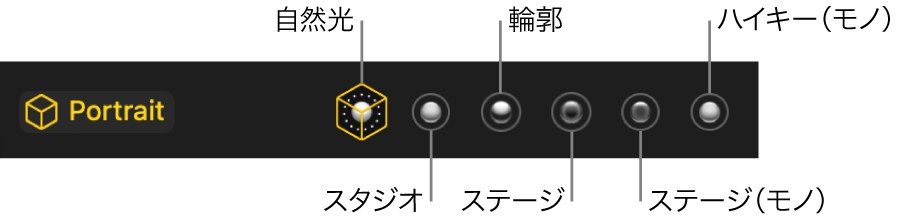 「ポートレート」モードの照明エフェクトの選択肢。（左から右へ）自然光、スタジオ、輪郭、ステージ、ステージ（モノ）、ハイキー（モノ）があります。
