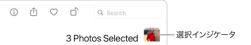 選択インジケータ。3枚の写真が選択されています。