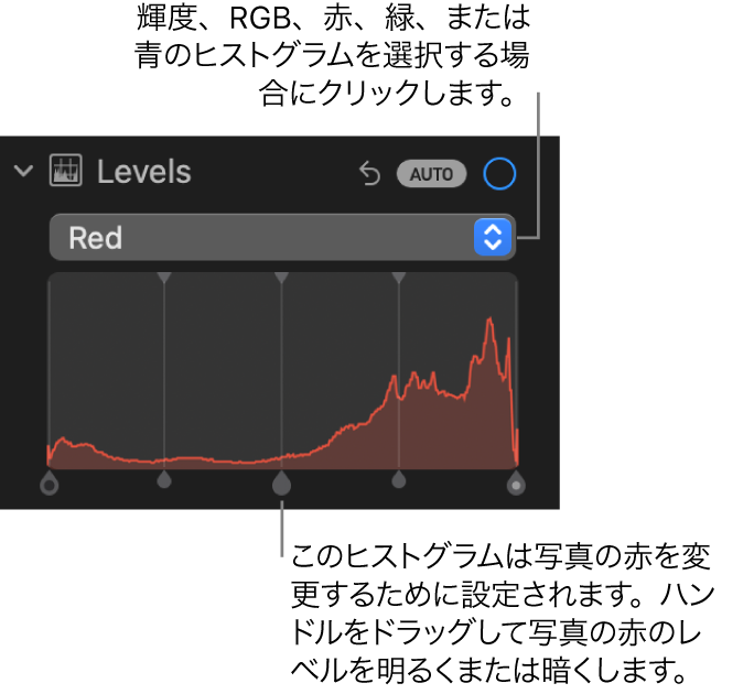 「調整」パネルの「レベル」コントロール。写真の赤レベルを調整するためのハンドルが下にある「赤」ヒストグラムが表示されています。