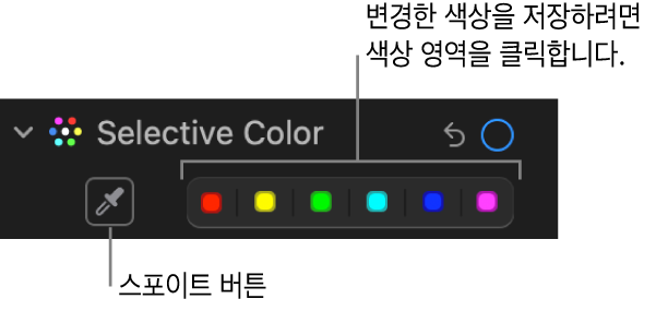 스포이드 버튼 및 색상 저장소를 표시하는 조절 패널의 셀렉티브 컬러 제어기.