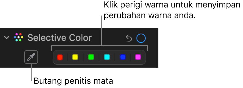 Kawalan Warna Berpilih dalam anak tetingkap Laras, menunjukkan butang Penitis dan perigi warna.