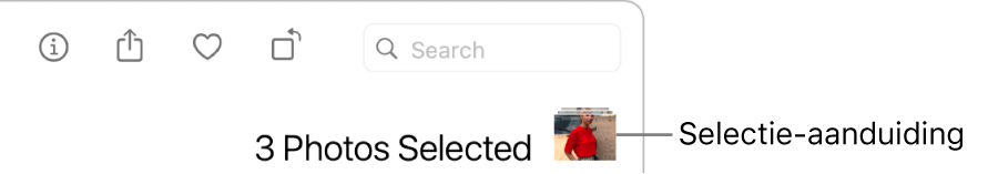 Een selectie-indicator waarbij drie foto's zijn geselecteerd.
