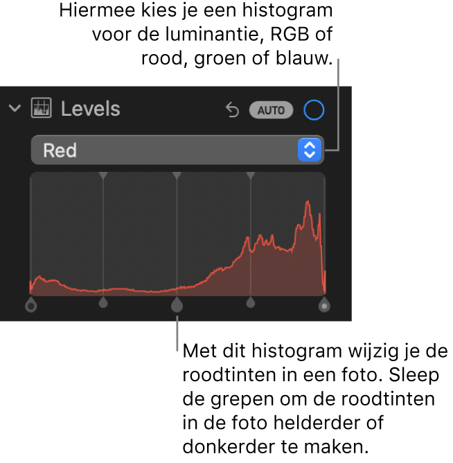 De niveauregelaars in het paneel 'Pas aan', met het histogram 'Rood' met daaronder grepen waarmee je de roodniveaus van de foto aanpast.