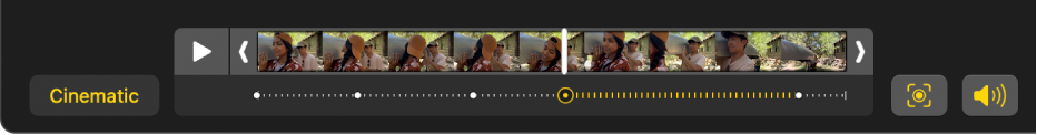 En videobildevisning som viser bildene i en Filmatisk modus-video med en Filmatisk-knapp til venstre og en Lyd-knapp til høyre.