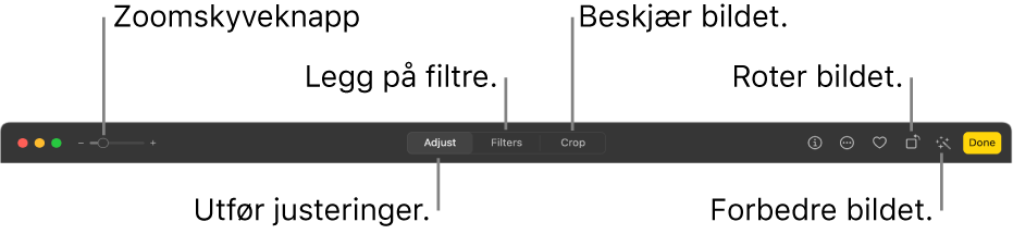 Rediger-verktøylinjen, som viser en Zoom-skyveknapp og knapper for å vise justeringer, legge til filtre og beskjære, rotere og forbedre bilder.